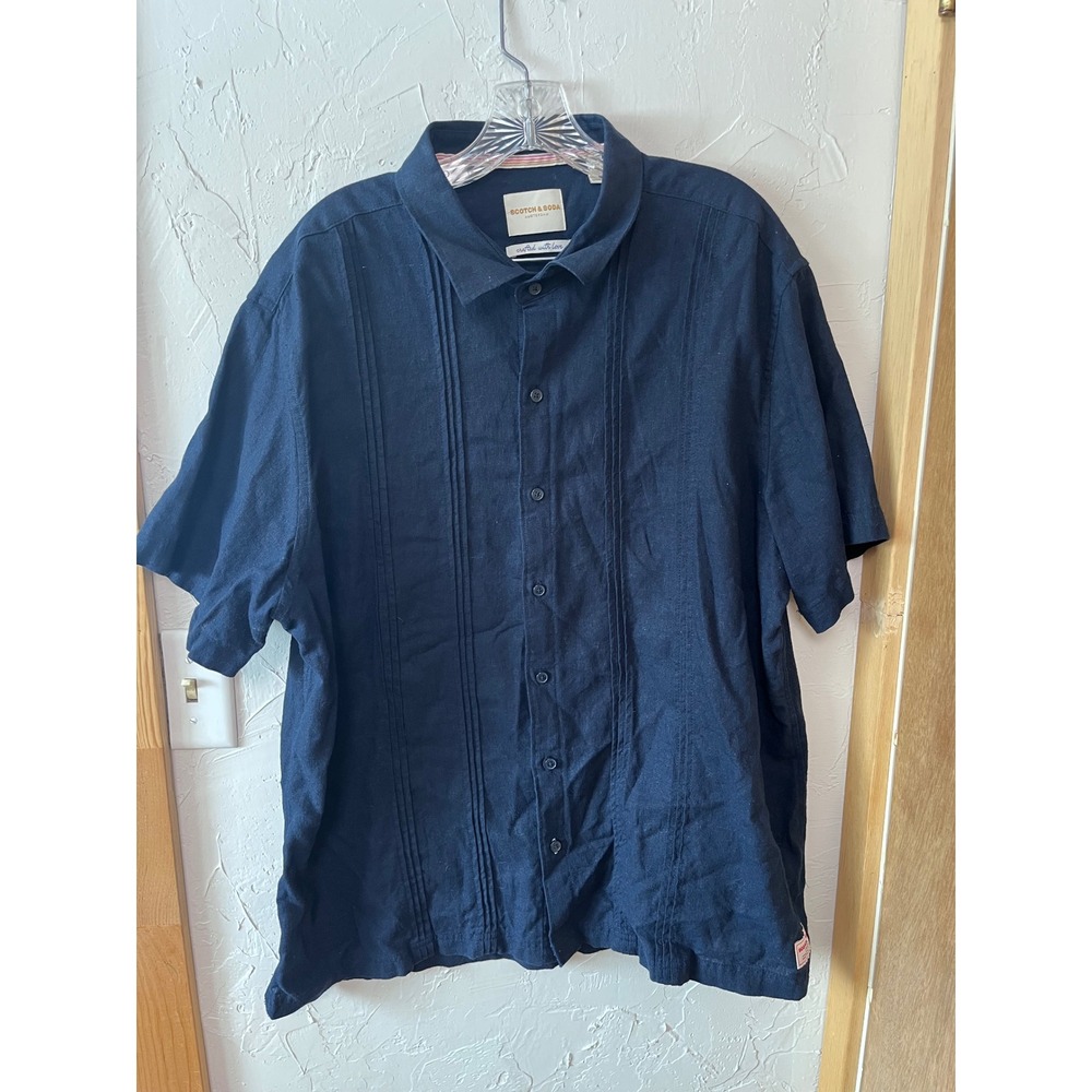 Scotch & Soda Mens‎ XXL Navy Blue Linen Blend Pintuck Short Sleeve Button Shirt